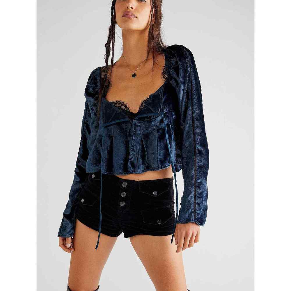 Free People Bali Heirloom Rose Crushed Velvet Long Sleeve Crop Blue Top XS NWT